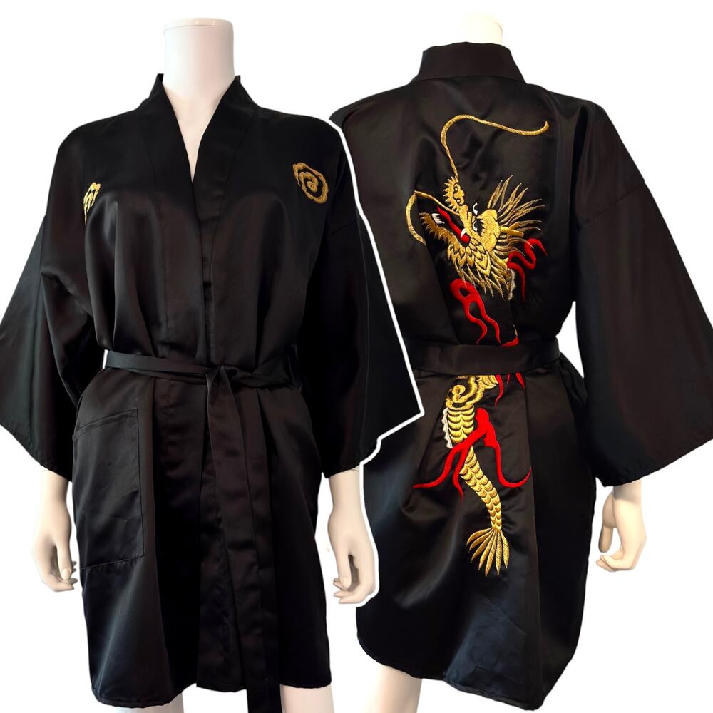 Japanese Black Satin Dragon Kimono Size 35 Embroidered Happi Coat Robe Vintage